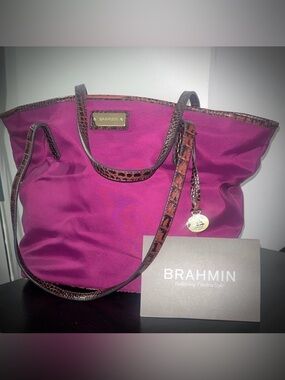 Brahmin GUC Avenue Nylon Tote in Berry with Brown Croc-Trim